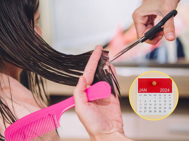 Mujer cortándose el cabello en una peluquería. En el círculo, la imagen del calendario de 2024 / Foto: GettyImages