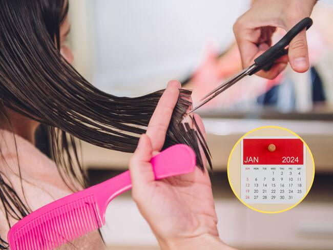 Mujer cortándose el cabello en una peluquería. En el círculo, la imagen del calendario de 2024 / Foto: GettyImages