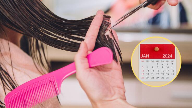Mujer cortándose el cabello en una peluquería. En el círculo, la imagen del calendario de 2024 / Foto: GettyImages