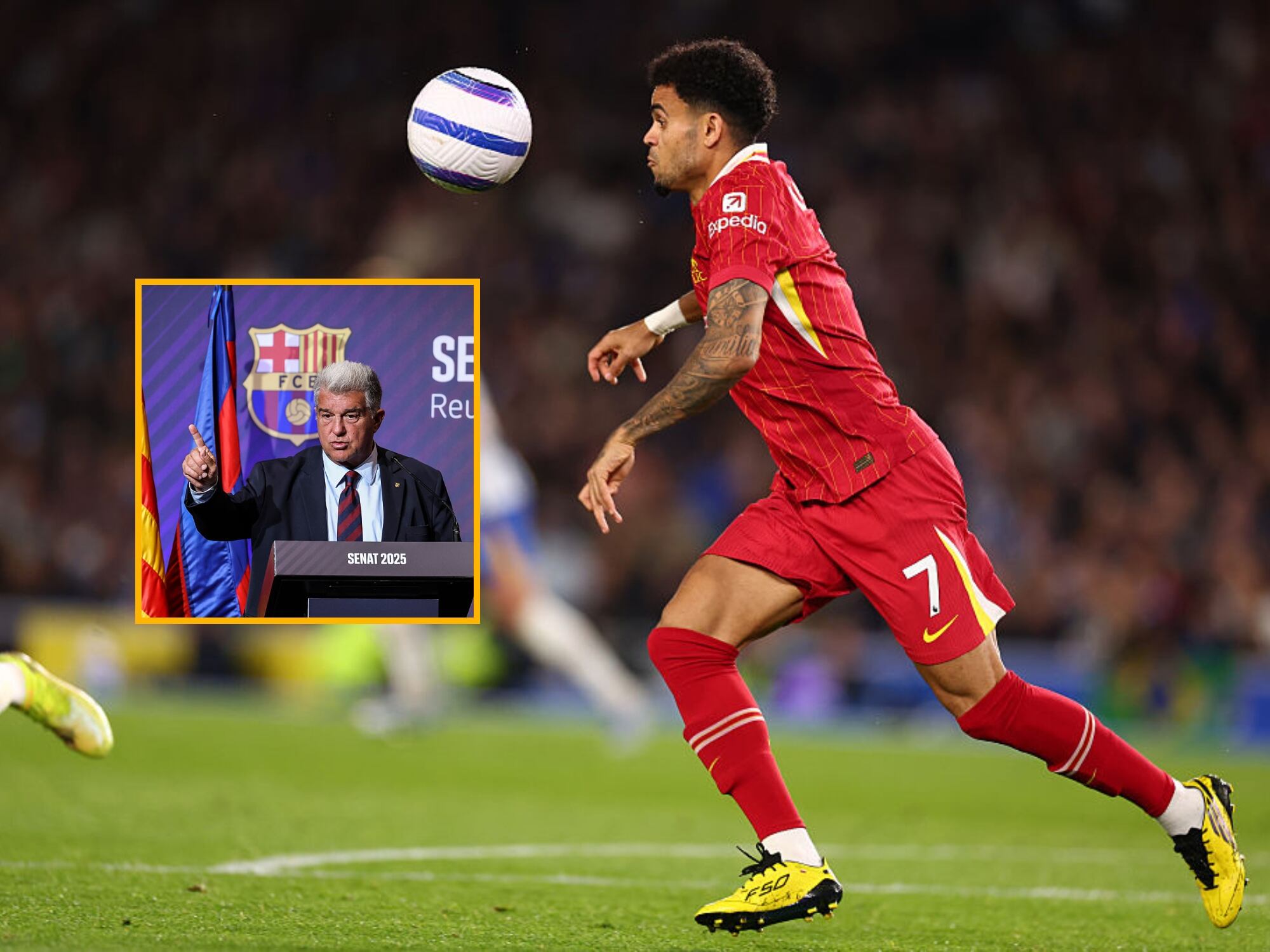 Luis Díaz y el presidente del Barcelona, Joan Laporta. Fotos: Getty Images.