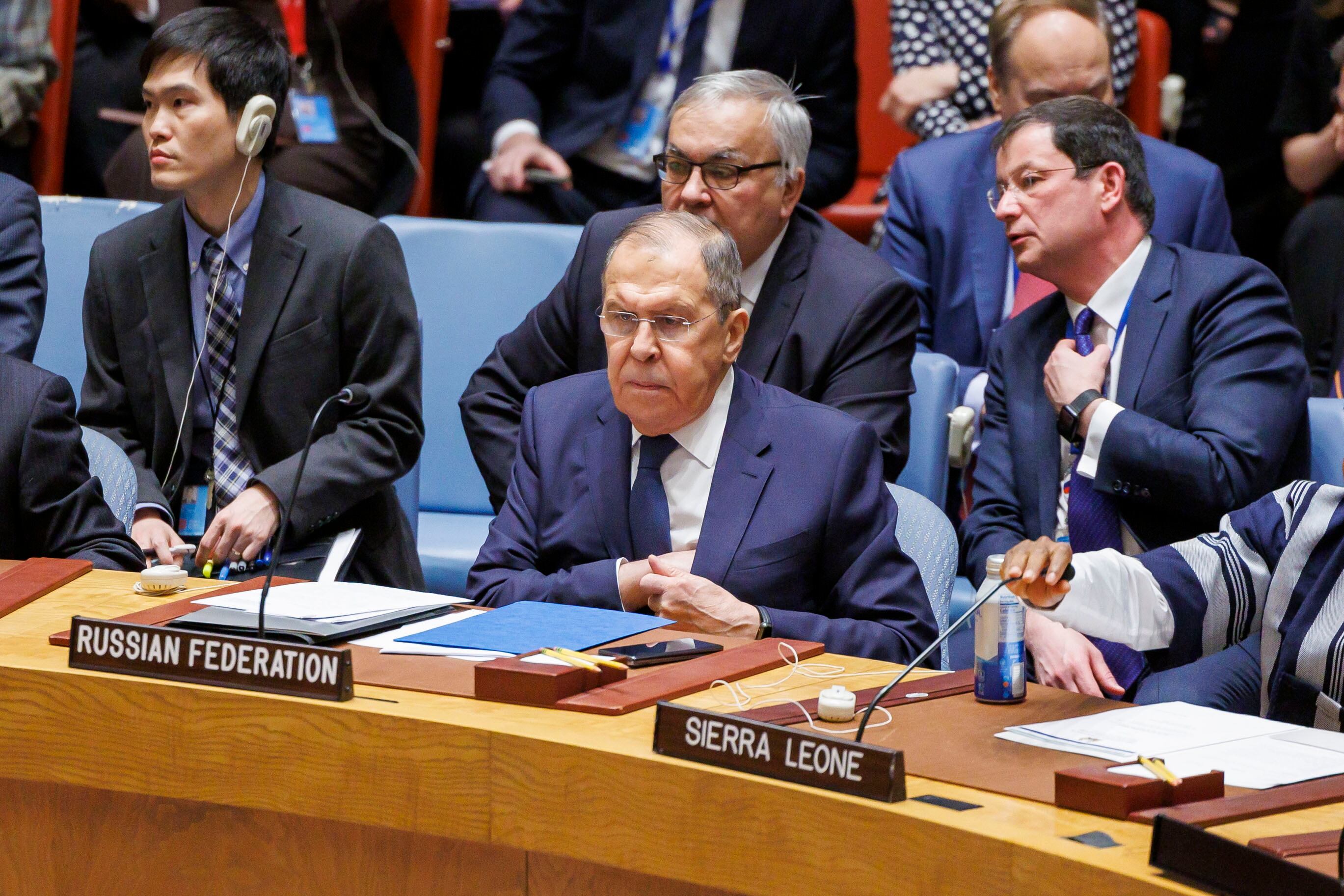 New York (United States), 23/01/2024.- Russian Foreign Minister Sergey Lavrov attends a United Nations Security Council meeting on the situation in the Middle East including the Palestinian question, at the United Nations Headquarters in New York, USA, 23 January 2024. (Rusia, Nueva York) EFE/EPA/SARAH YENESEL