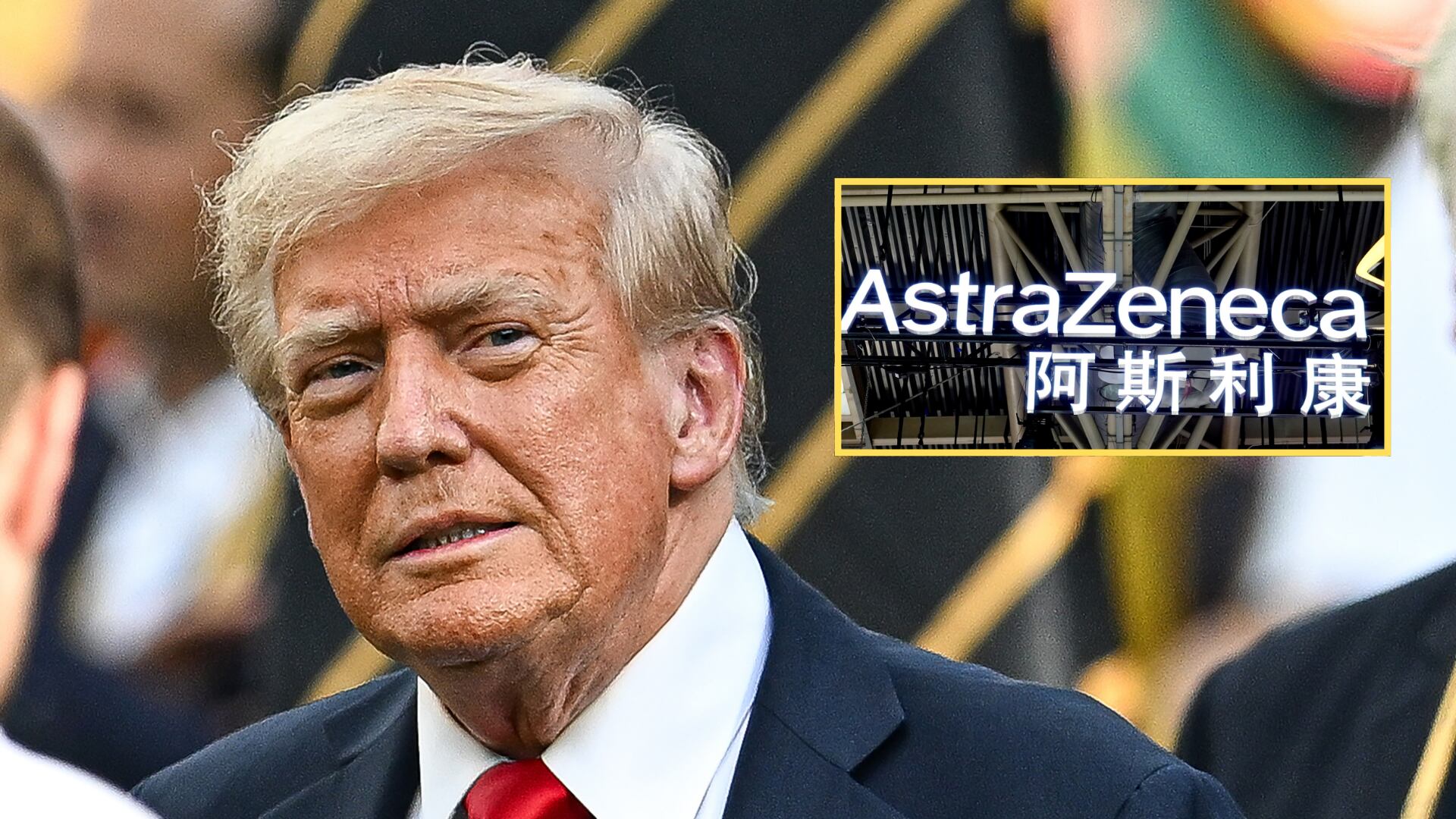 Donald Trump. Foto: tephen Nadler/ISI Photos/ISI Photos via Getty Images - AstraZeneca. Foto:  Sheldon Cooper/SOPA Images/LightRocket via Getty Images.