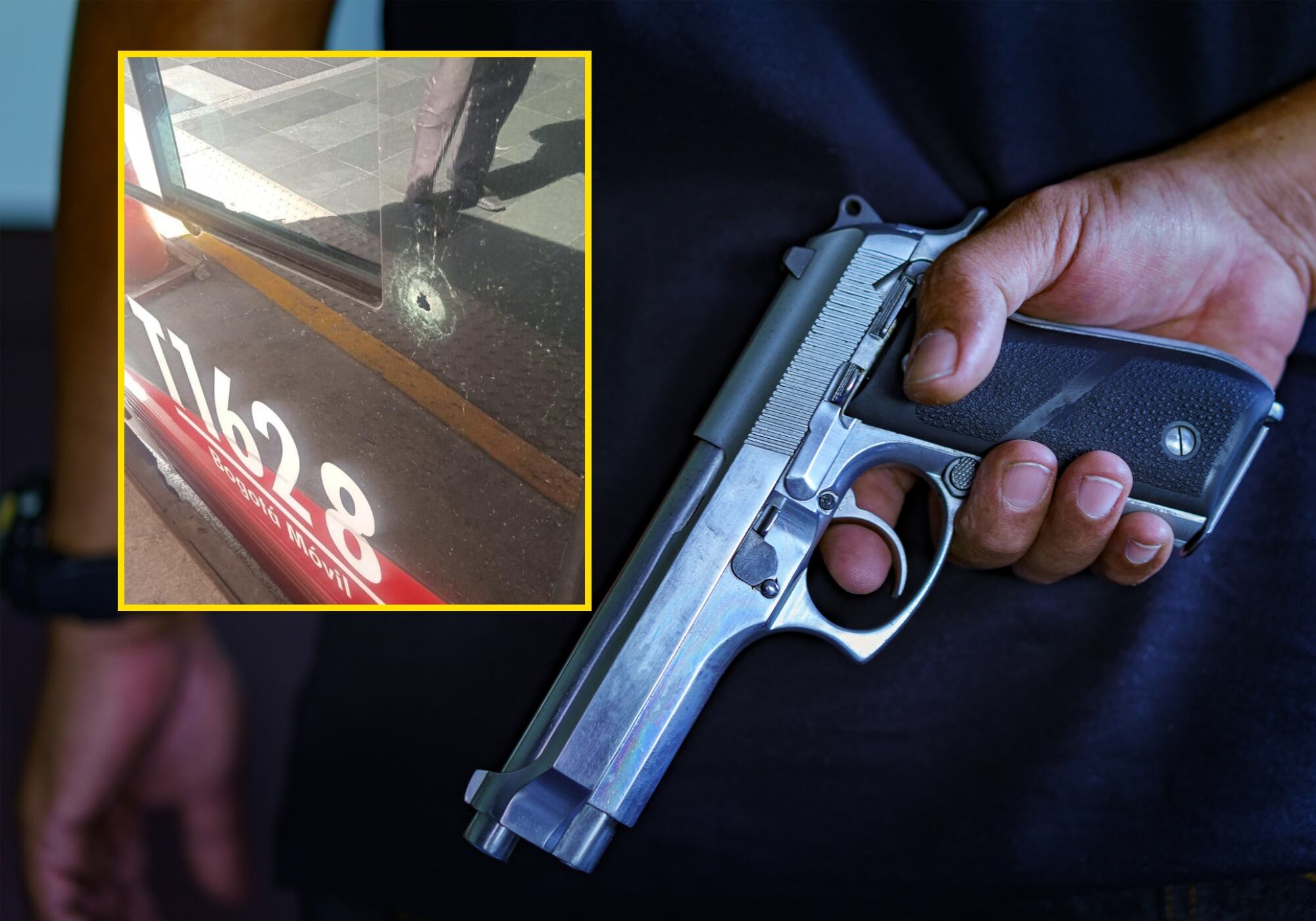 Imagen de referencia e impacto de bala en articulado de TransMilenio. Foto: Getty Images / Suministrada