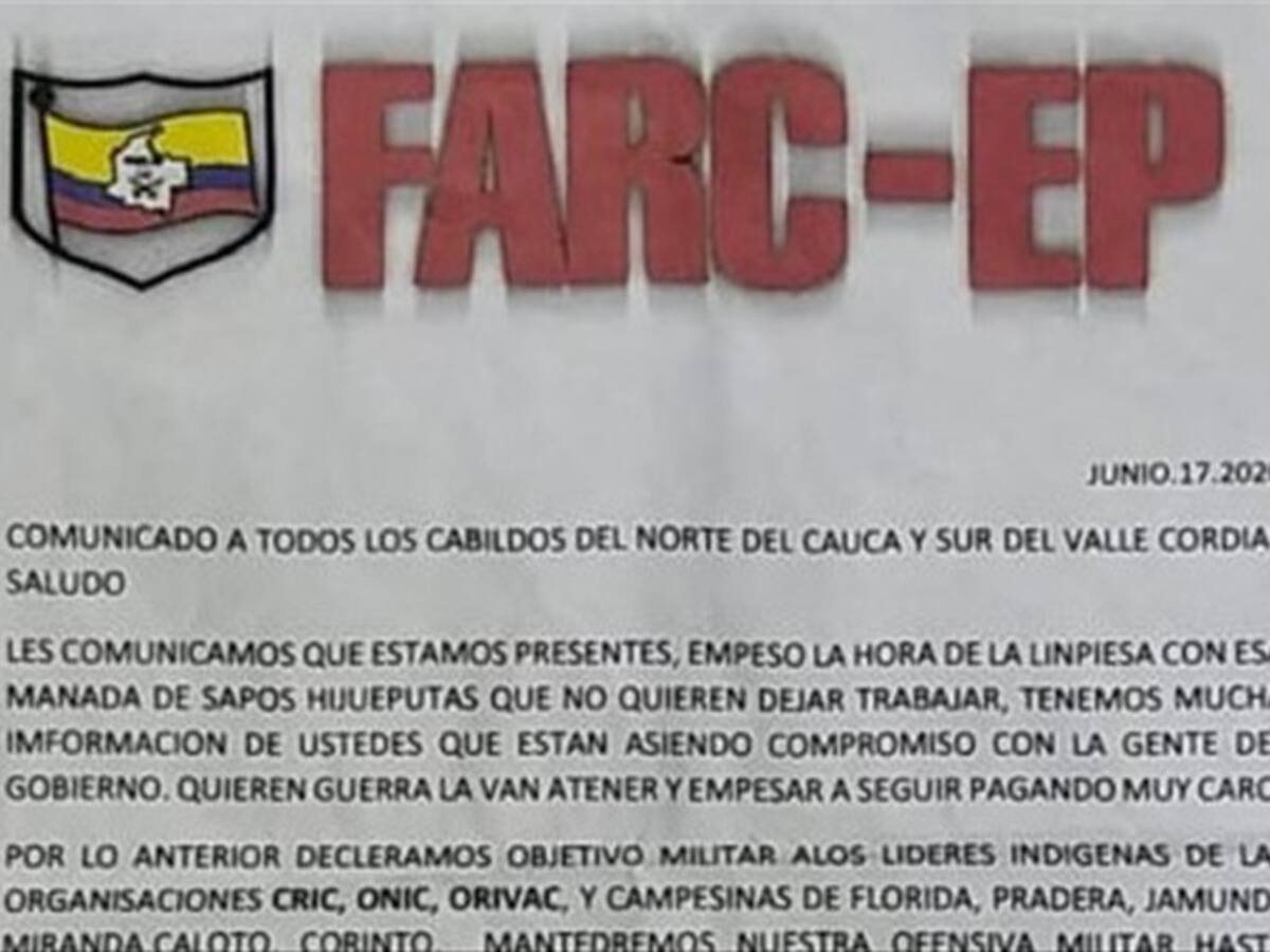 Disidencias de Farc amenazan a líderes campesinos e indígenas en Cauca