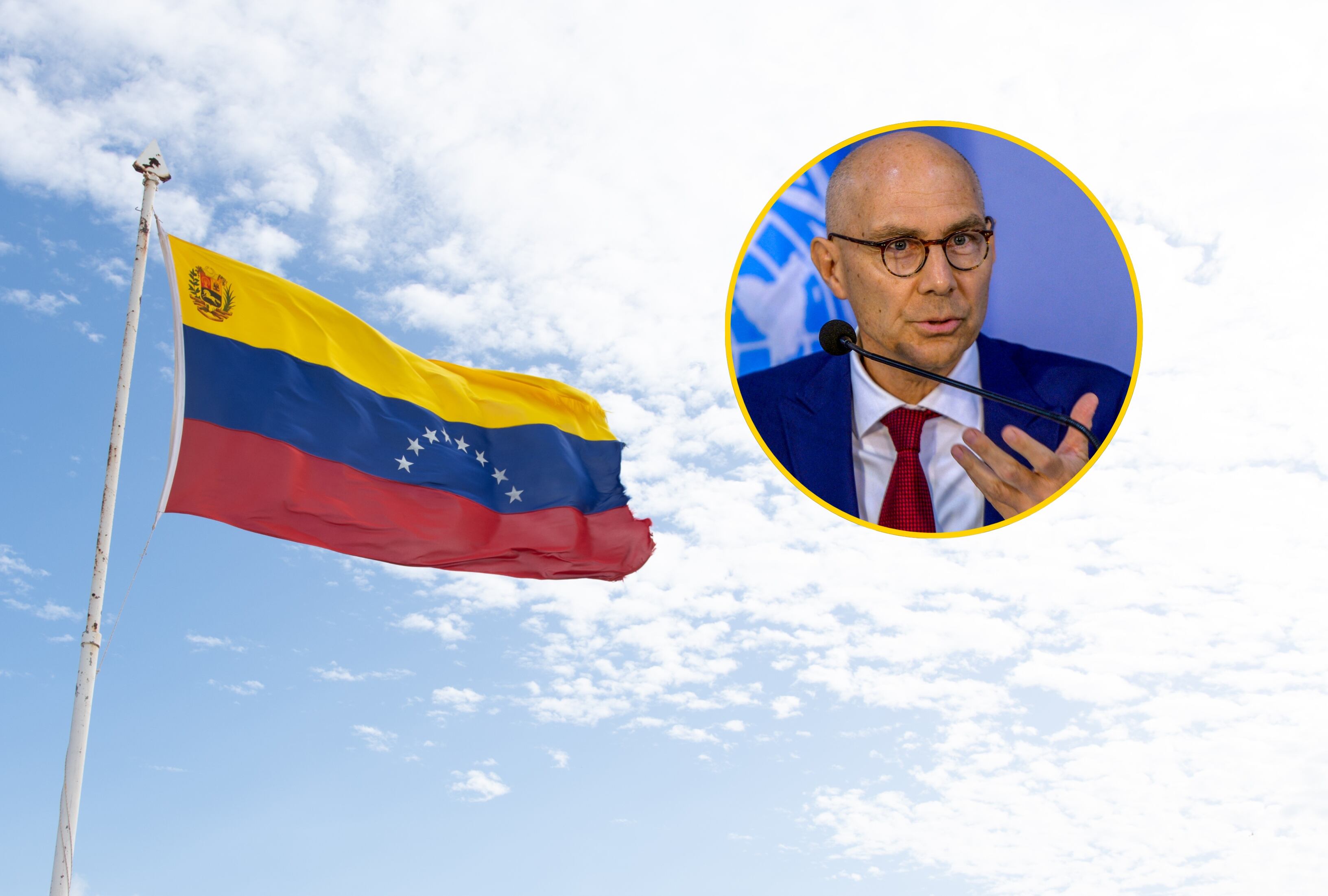 Bandera de Venezuela y alto comisionado de la ONU para los derechos humanos, Volker Türk. Foto: jopstock y AFP via Getty Images.