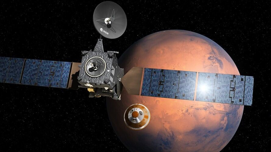 Interpretación artística proporcionada por la Agencia Espacial Europea muestra la separación del modulo Schiaparelli -de la misión ExoMars 2016- del Orbitador Trace Gas. Foto: Associated Press - AP (ESA/D. Ducros)