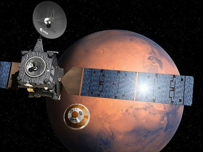 Interpretación artística proporcionada por la Agencia Espacial Europea muestra la separación del modulo Schiaparelli -de la misión ExoMars 2016- del Orbitador Trace Gas. Foto: Associated Press - AP (ESA/D. Ducros)