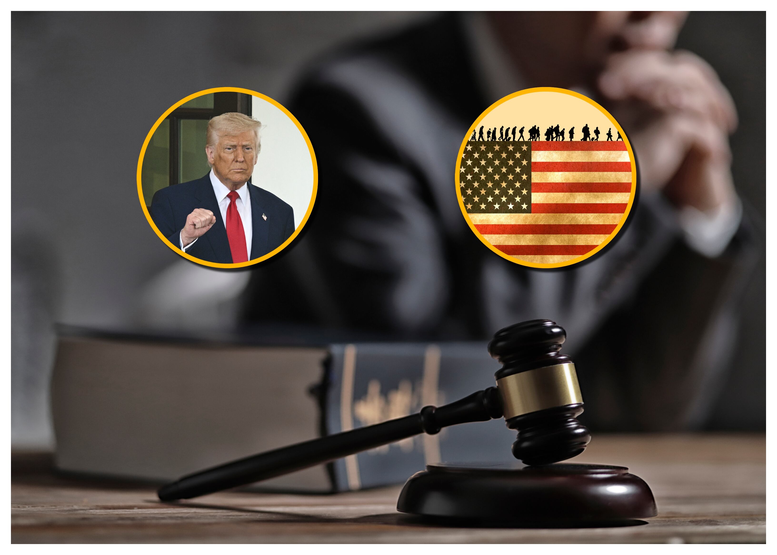 Referencia de juez y migrantes, y Donald Trump Foto: RUNSTUDIO/ Westend61/BRENDAN SMIALOWSKI/AFP via Getty Images