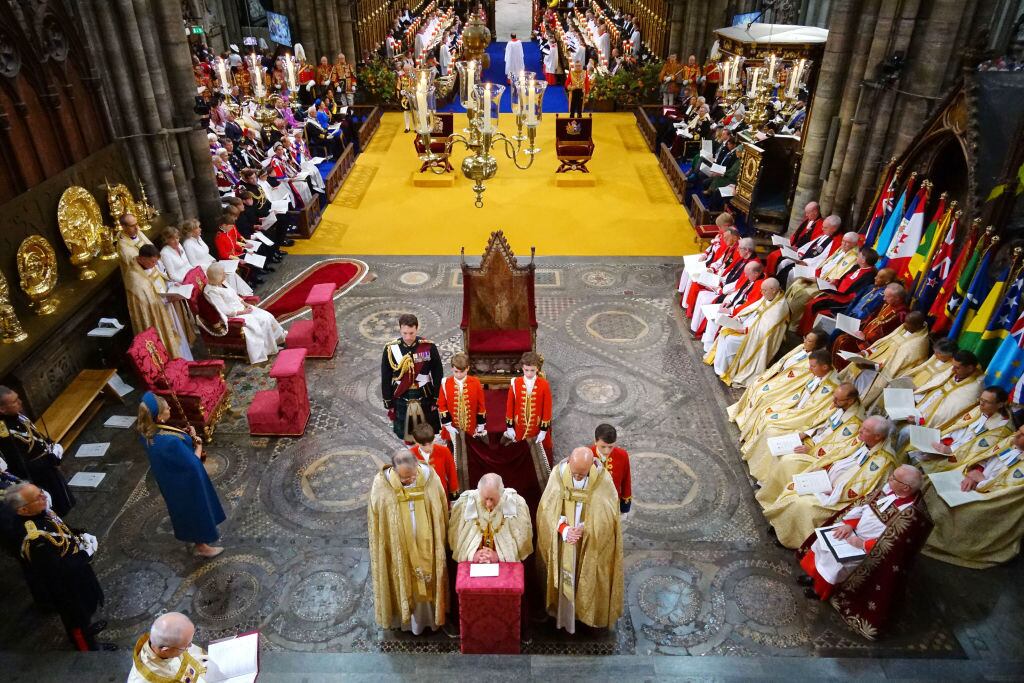 LONDON, ENGLAND - MAY 06: King Charles III attends his coronation ceremony in Westminster Abbey, on May 6, 2023 in London, England. The Coronation of Charles III and his wife, Camilla, as King and Queen of the United Kingdom of Great Britain and Northern Ireland, and the other Commonwealth realms takes place at Westminster Abbey today. Charles acceded to the throne on 8 September 2022, upon the death of his mother, Elizabeth II. (Photo by Aaron Chown - WPA Pool/Getty Images)