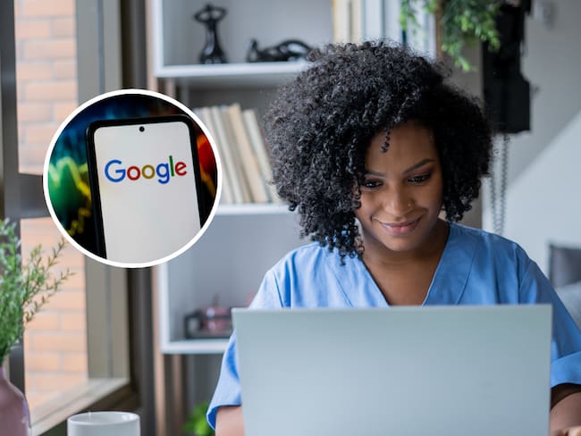 Mujer estudiando en su computador portátil y de fondo un celular con el logo de Google (Fotos vía Getty Images)