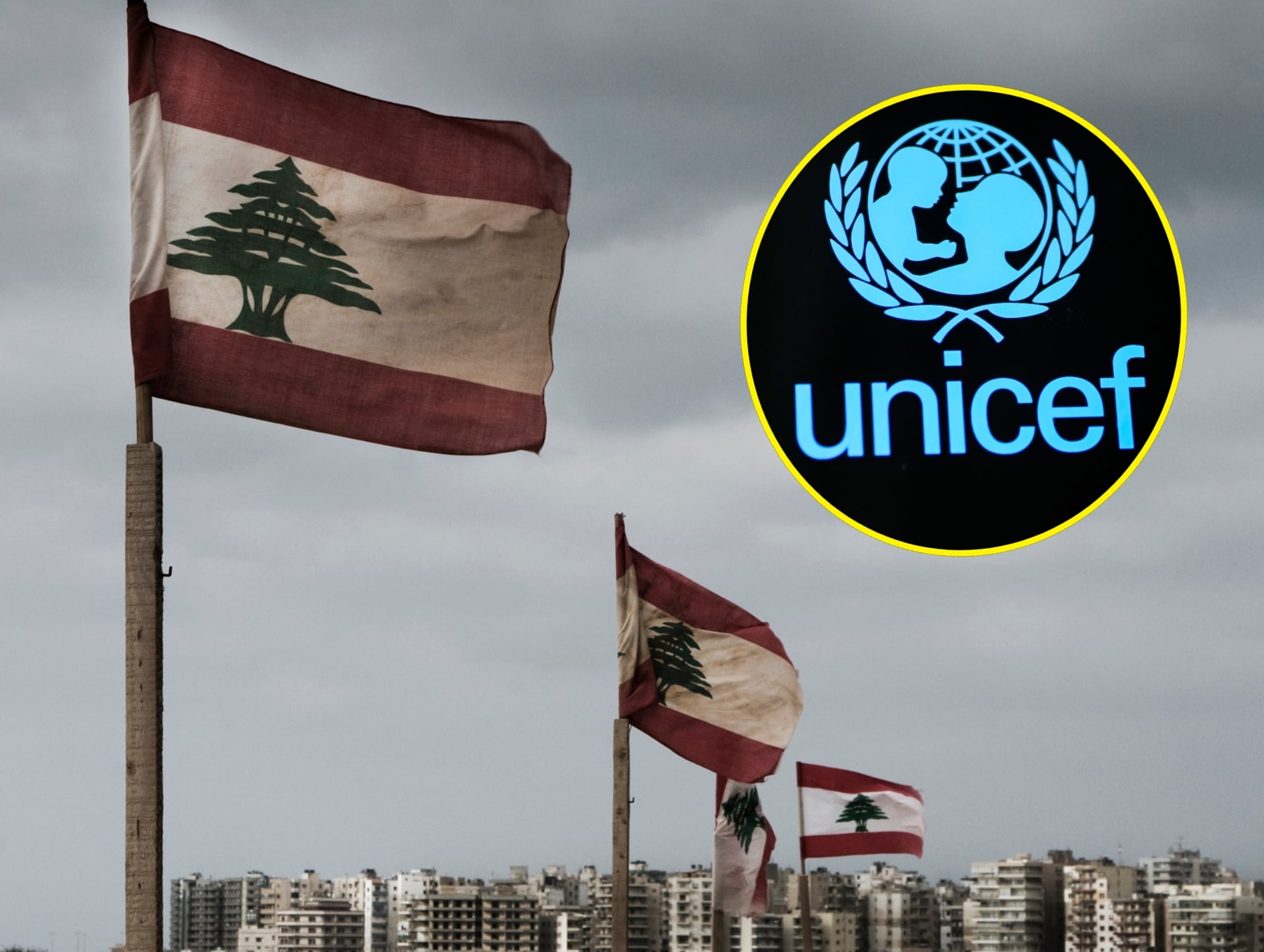 Bandera del Líbano. I Foto: Getty Images. Logo de UNICEF. I Foto: Beata Zawrzel/NurPhoto via Getty Images.