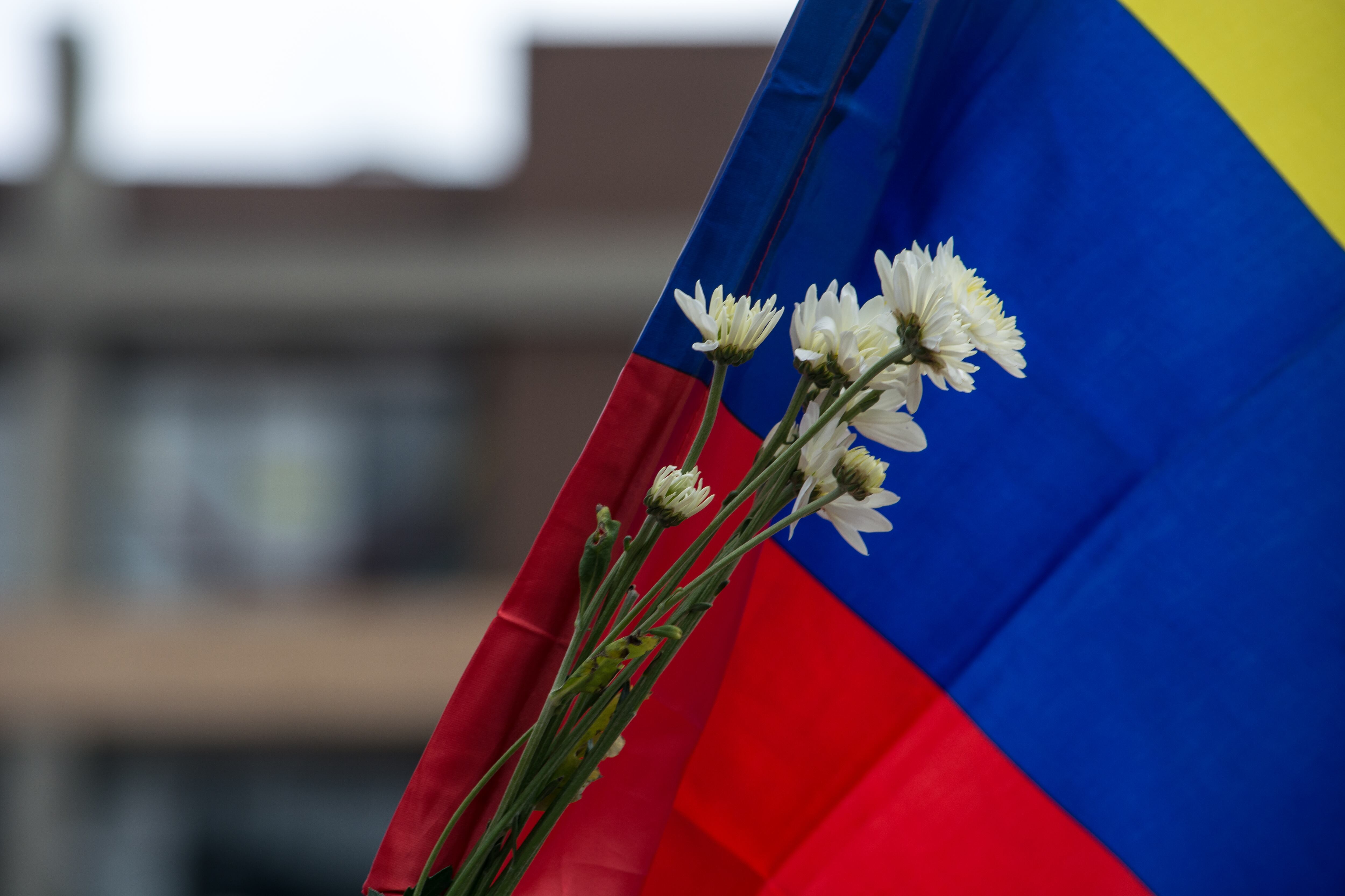 Bogotá, Colombia; May 9, 2021: Colombian national flag with white flowers claming for peace. Scene during a protest of the Paro Nacional or National Strike against Ivan Duque goverment and police