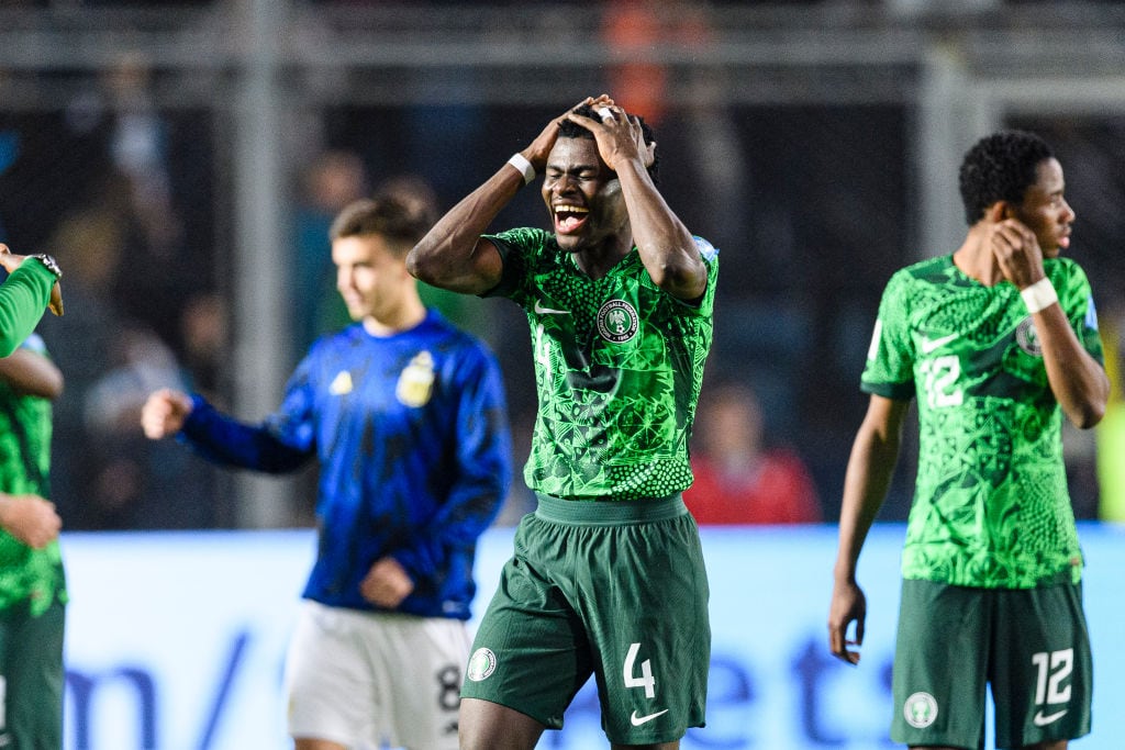 SAN JUAN, ARGENTINA - MAY 31: Daniel Daga of Nigeria celebrates after winning the U-20 World Cup Argentina 2023 Round of 16 match between Argentina and Nigeria at Estadio San Juan on May 31, 2023 in San Juan, Argentina. (Photo by Marcio Machado/Eurasia Sport Images/Getty Images)