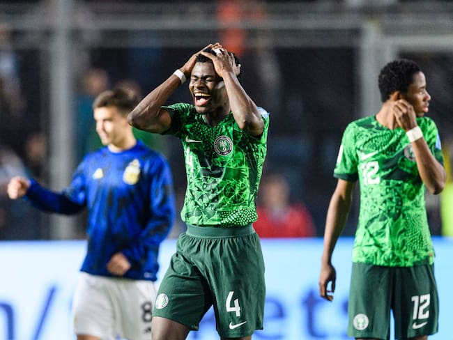 SAN JUAN, ARGENTINA - MAY 31: Daniel Daga of Nigeria celebrates after winning the U-20 World Cup Argentina 2023 Round of 16 match between Argentina and Nigeria at Estadio San Juan on May 31, 2023 in San Juan, Argentina. (Photo by Marcio Machado/Eurasia Sport Images/Getty Images)