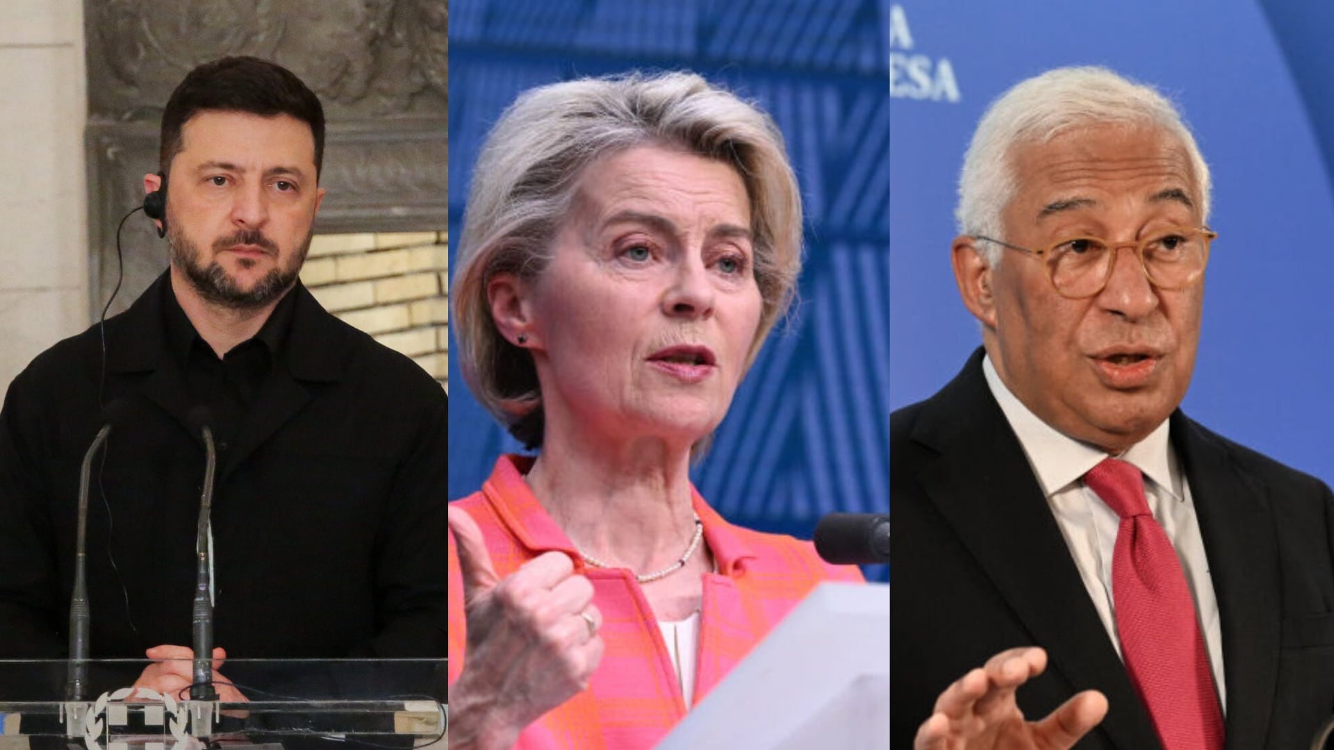 Volodímir Zelenski, Ursula von der Leyen y Antonio Costa. FOTOS. Getty Images