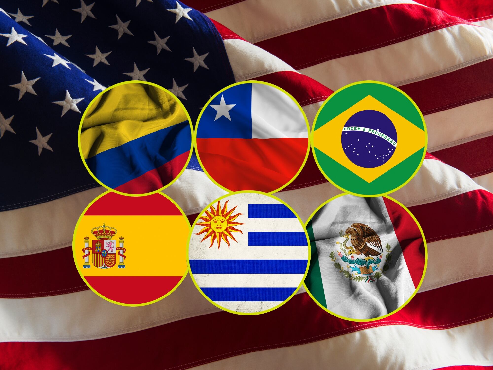 Banderas de Estados Unidos, Colombia, Chile, Brasil, España, México y Uruguay. Fotos. Getty Images