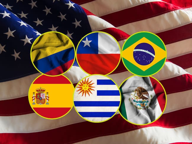 Banderas de Estados Unidos, Colombia, Chile, Brasil, España, México y Uruguay. Fotos. Getty Images