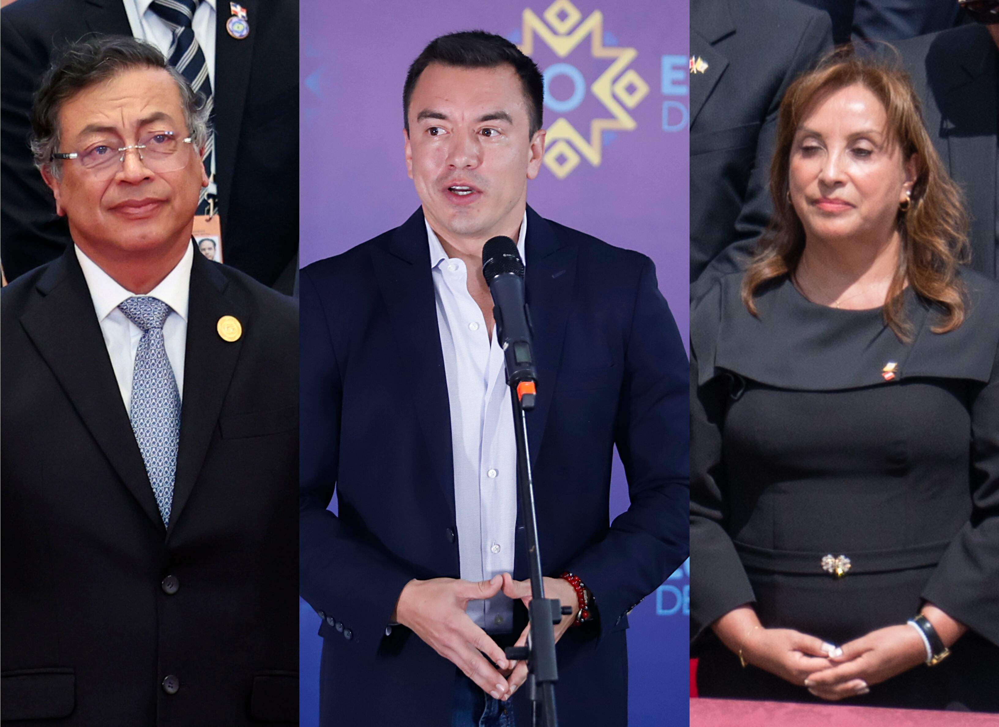 Gustavo Petro. FOTO: Florence Lo - Pool/Getty Images.// Daniel Noboa. FOTO: Felipe Stanley/Agencia Press South/Getty Images.// Dina Boluarte. FOTO: Massimo Valicchia/NurPhoto via Getty Images