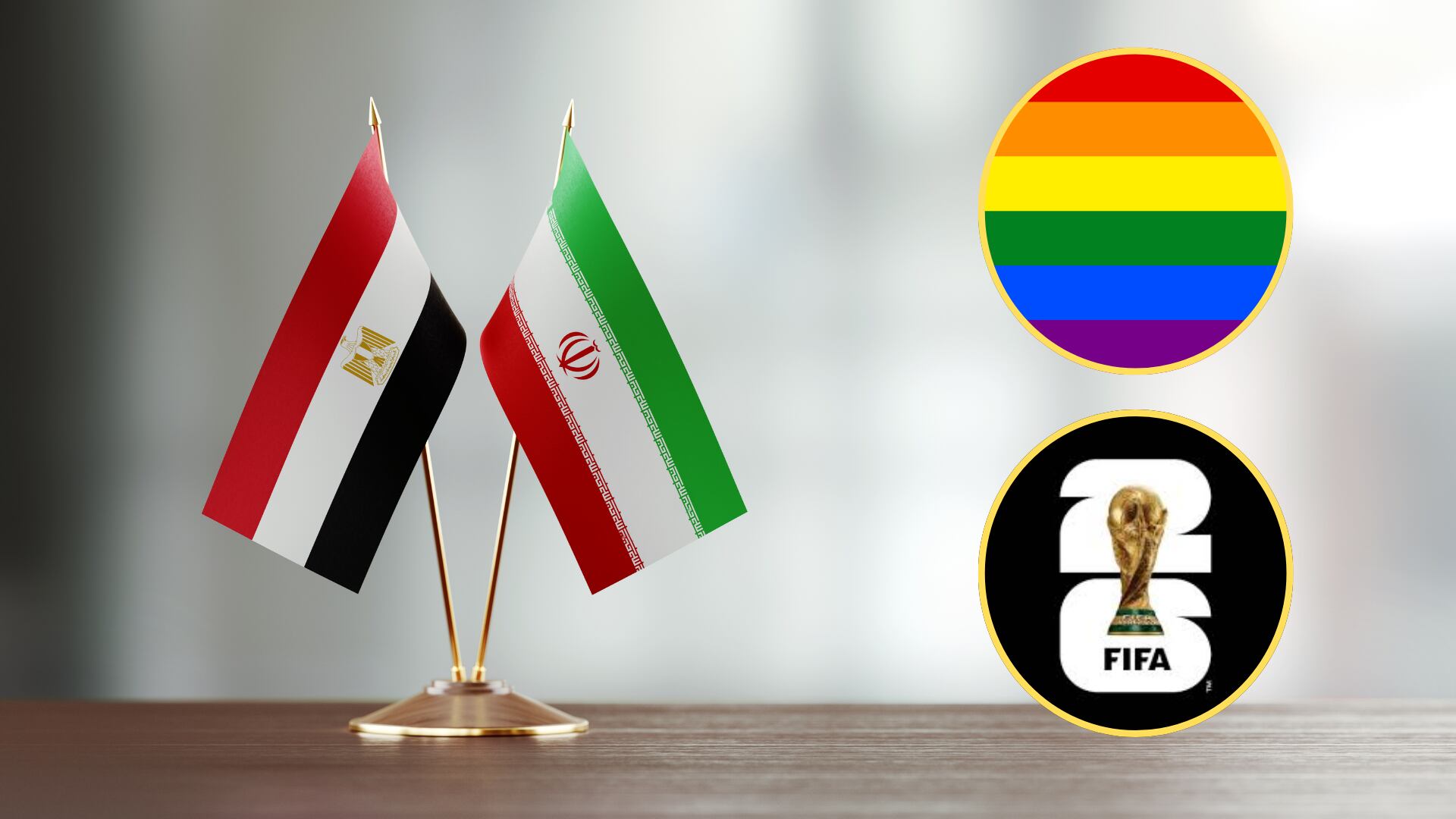 Banderas de Irán y Egipto, bandera LGBT y logo, Copa Mundial de la FIFA 2026. FOTOS: Getty Images y FIFA