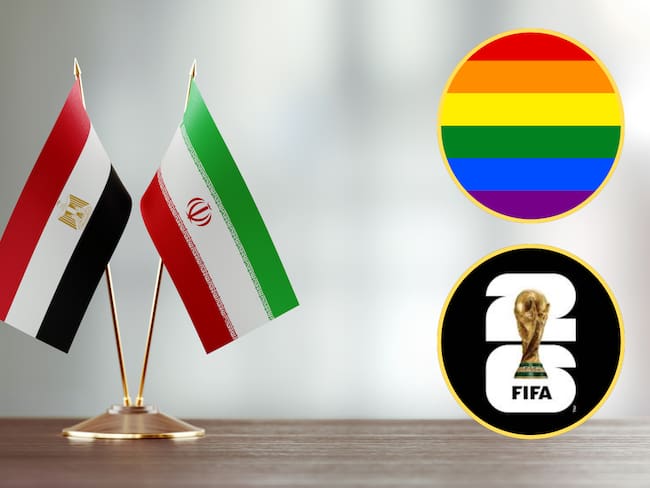 Banderas de Irán y Egipto, bandera LGBT y logo, Copa Mundial de la FIFA 2026. FOTOS: Getty Images y FIFA
