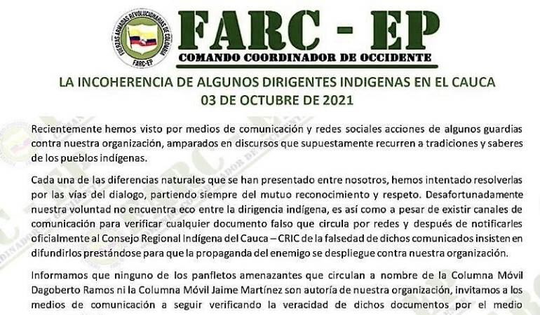 Panfleto del comando coordinador del occidente de las Farc. Crédito: Cortesía