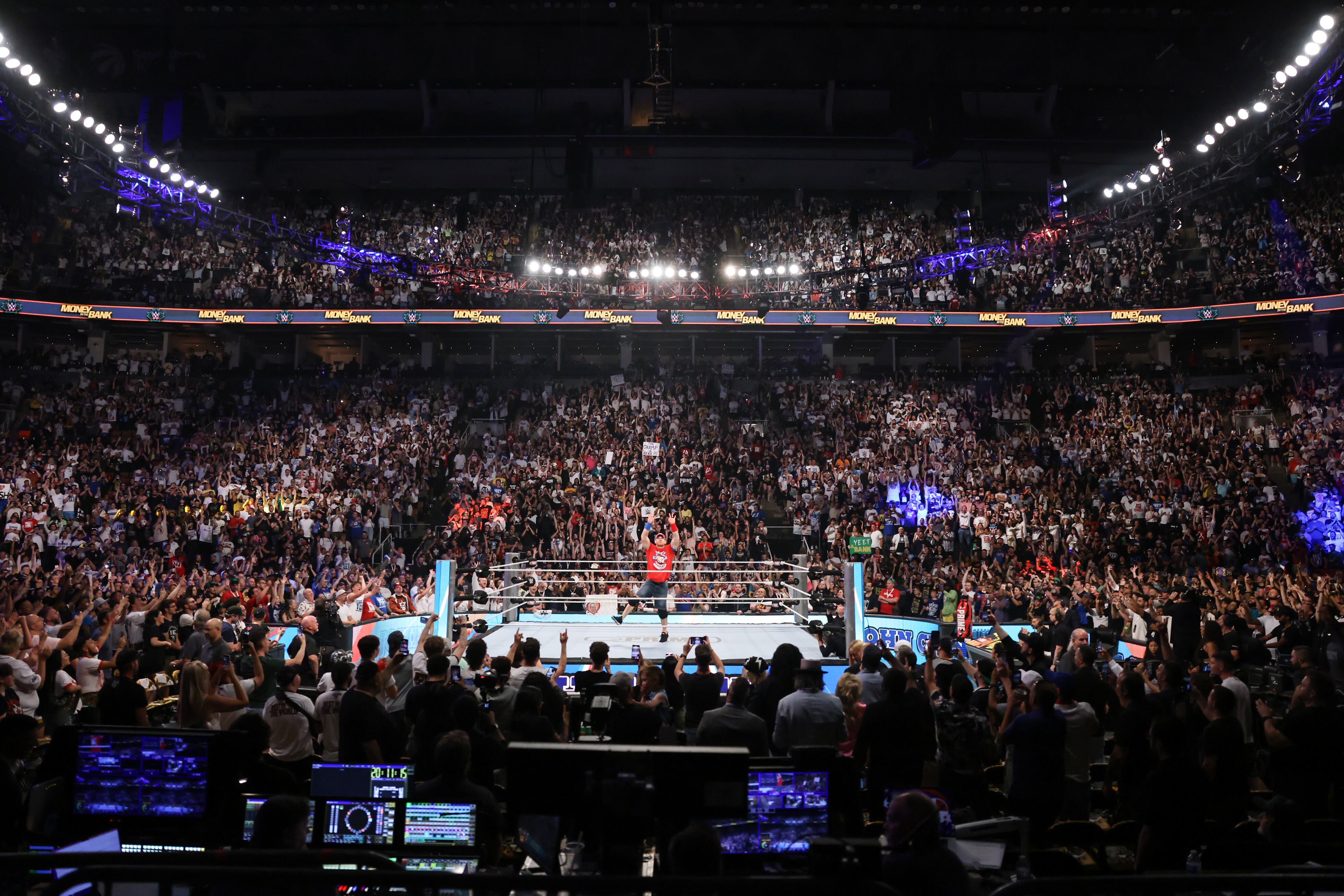 TORONTO, CANADA - JULY 6: John Cena makes his way to the ring during Money in the Bank at Scotiabank Arena.  (Photo by WWE/Getty Images)