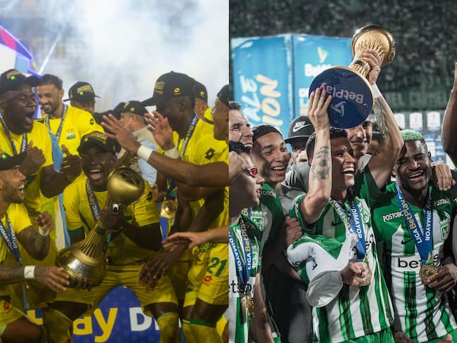 Bucaramanga y Nacional celebrando sus respectivos campeonatos del FPC en 2024. Fotos: Getty Images y Twitter de Nacional.