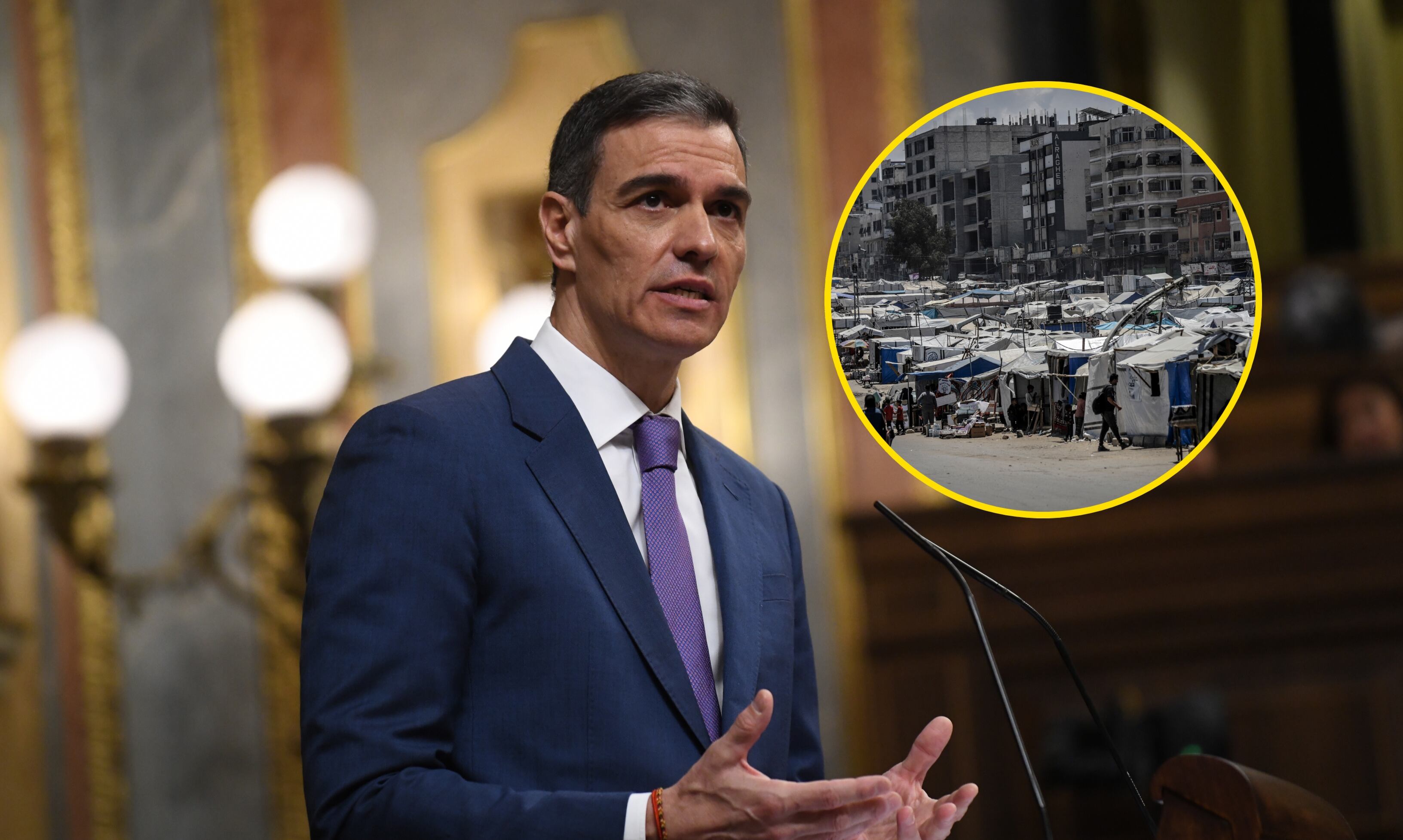 Presidente de España, Pedro Sámchez. FOTO: Fernando Sanchez/Europa Press via Getty Images. // Campamento de desplazados en Franja de Gaza. FOTO: SAEED JARAS/Middle East Images/AFP via Getty Images