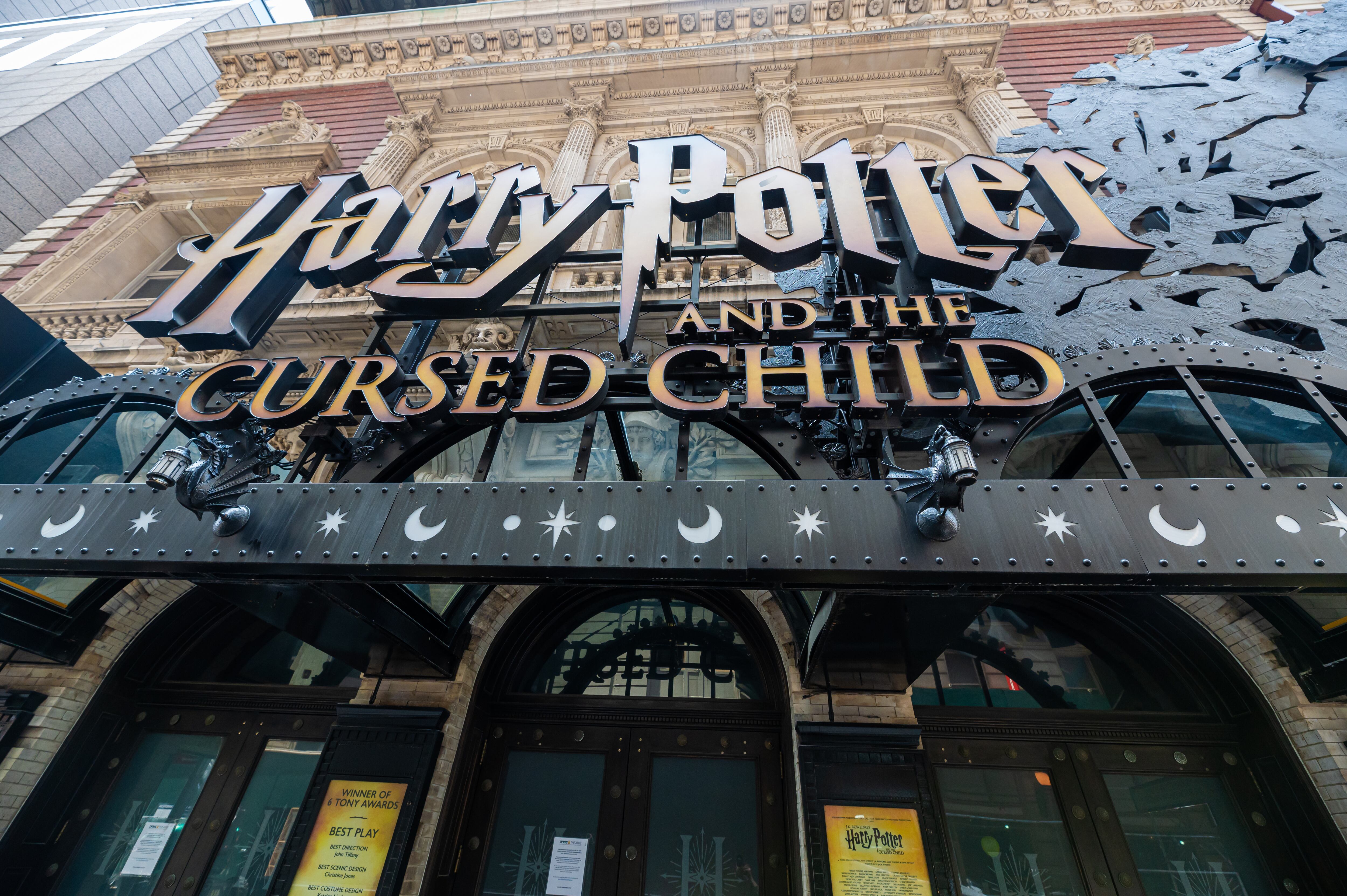 NEW YORK, NEW YORK - JUNE 08:A view outside 'Harry Potter and the Cursed Child' play at the Lyric Theatre in Times Square on June 08, 2021 in New York City. On May 19, all pandemic restrictions, including mask mandates, social distancing guidelines, venue capacities and curfews were lifted by New York Governor Andrew Cuomo. (Photo by Noam Galai/Getty Images)