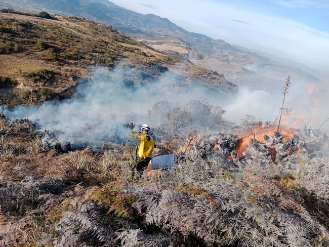 En el municipio de Sora, Boyacá, se presenta un incendio forestal que ha consumido más de 50 hectáreas. Organismos de socorro trabajan en el lugar para apagar el fuego./ Foto: Suministrada.