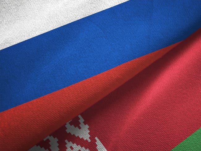 Belarus and Russia flag together realtions textile cloth fabric texture