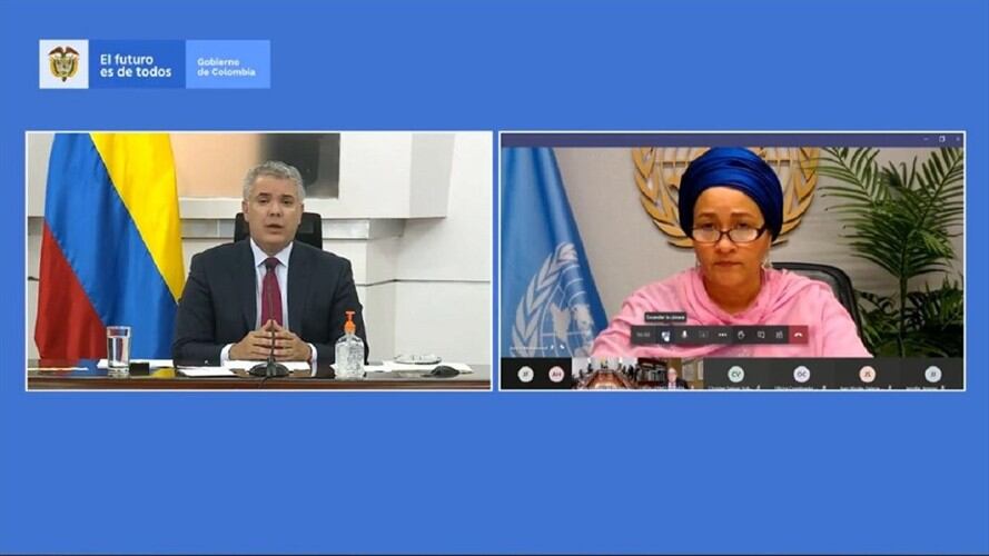 Amina Mohammed, secretaria adjunta de la ONU, y el presidente Iván Duque. Foto: Cortesía: Presidencia