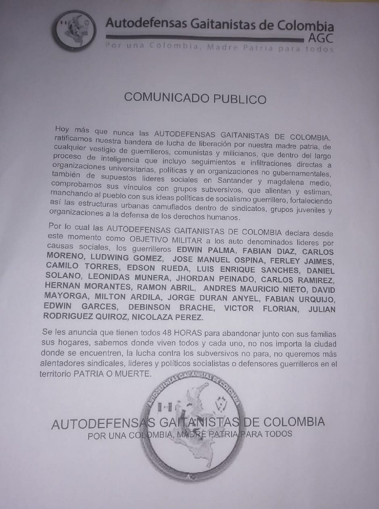 Panfleto amenazante/suministrada