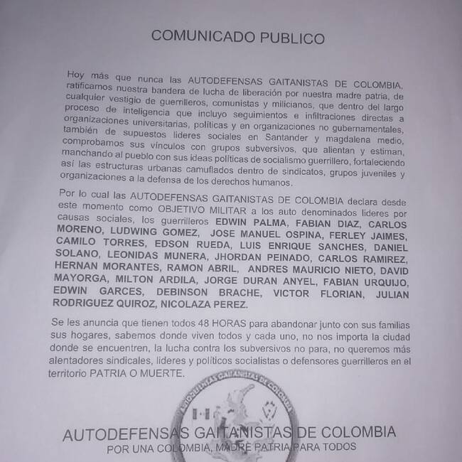 Panfleto amenazante/suministrada