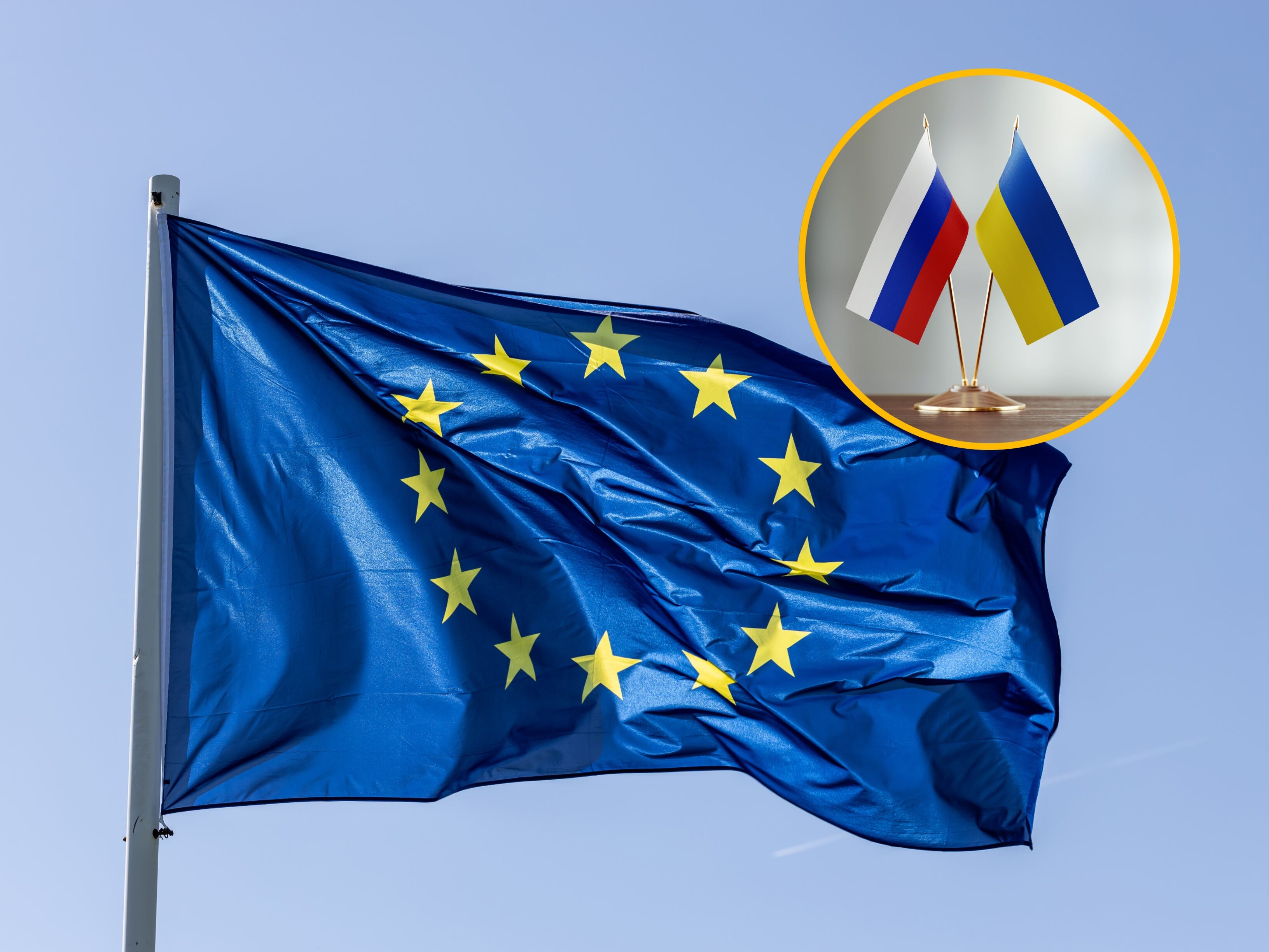 Bandera de la UE, Rusia y Ucrania. Foto: fhm 