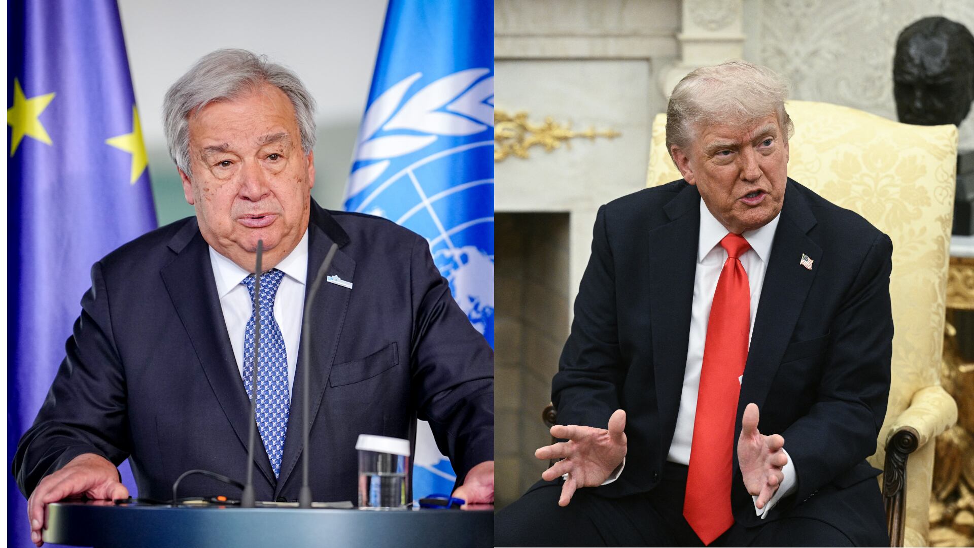 Donald Trump. Foto: BRENDAN SMIALOWSKI/AFP via Getty Images - António Guterres. Foto: Kay Nietfeld/picture alliance via Getty Images