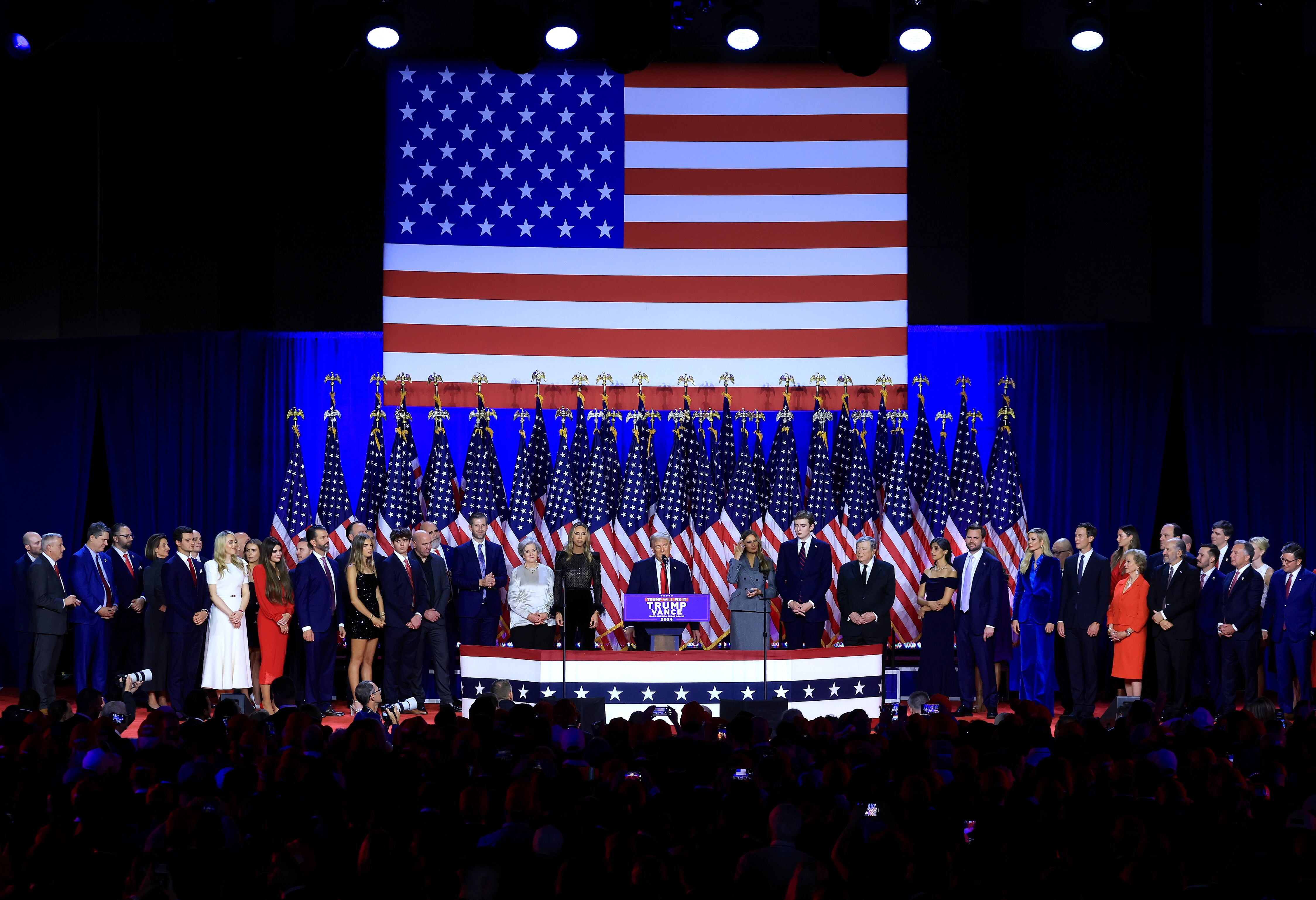 West Palm Beach (United States), 06/11/2024.- Republican presidential candidate Donald J. Trump addresses supporters at the Election Night watch party in the West Palm Beach Convention Center EFE/EPA/CRISTOBAL HERRERA-ULASHKEVICH