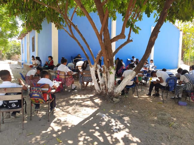 Niños de Bermejal, en San Zenón Magdalena, reciben clases debajo de un árbol