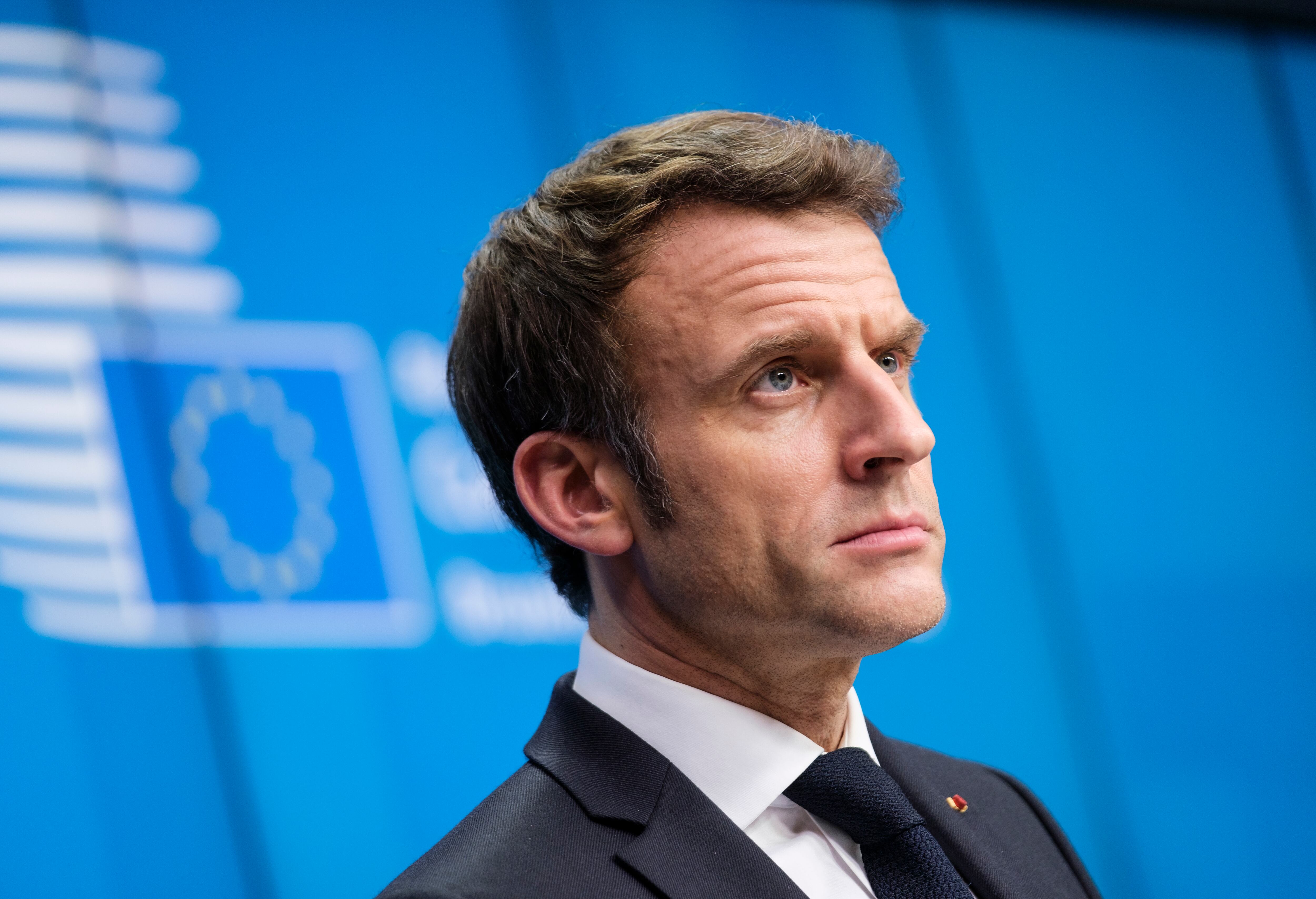 BRUSSELS, BELGIUM - FEBRUARY 25: French President Emmanuel Macron speaks to media at the end of an EU Summit on the situation in Ukraine on February 25, 2022 in Brussels, Belgium. The European Council deplored the tragic loss of life and human suffering caused by the Russian aggression. (Photo by Thierry Monasse/Getty Images)
