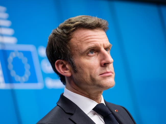 BRUSSELS, BELGIUM - FEBRUARY 25: French President Emmanuel Macron speaks to media at the end of an EU Summit on the situation in Ukraine on February 25, 2022 in Brussels, Belgium. The European Council deplored the tragic loss of life and human suffering caused by the Russian aggression. (Photo by Thierry Monasse/Getty Images)