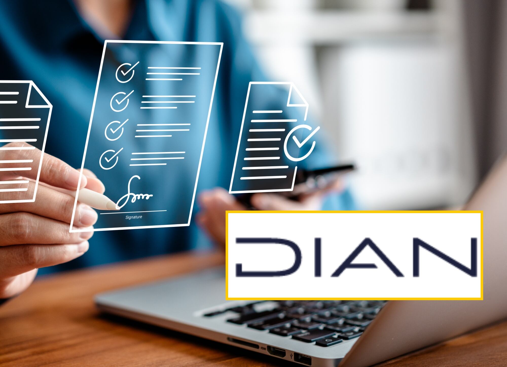 Imagen de referencia de firma electrónica y logo de la Dian. Fotos: Getty Images / Dian
