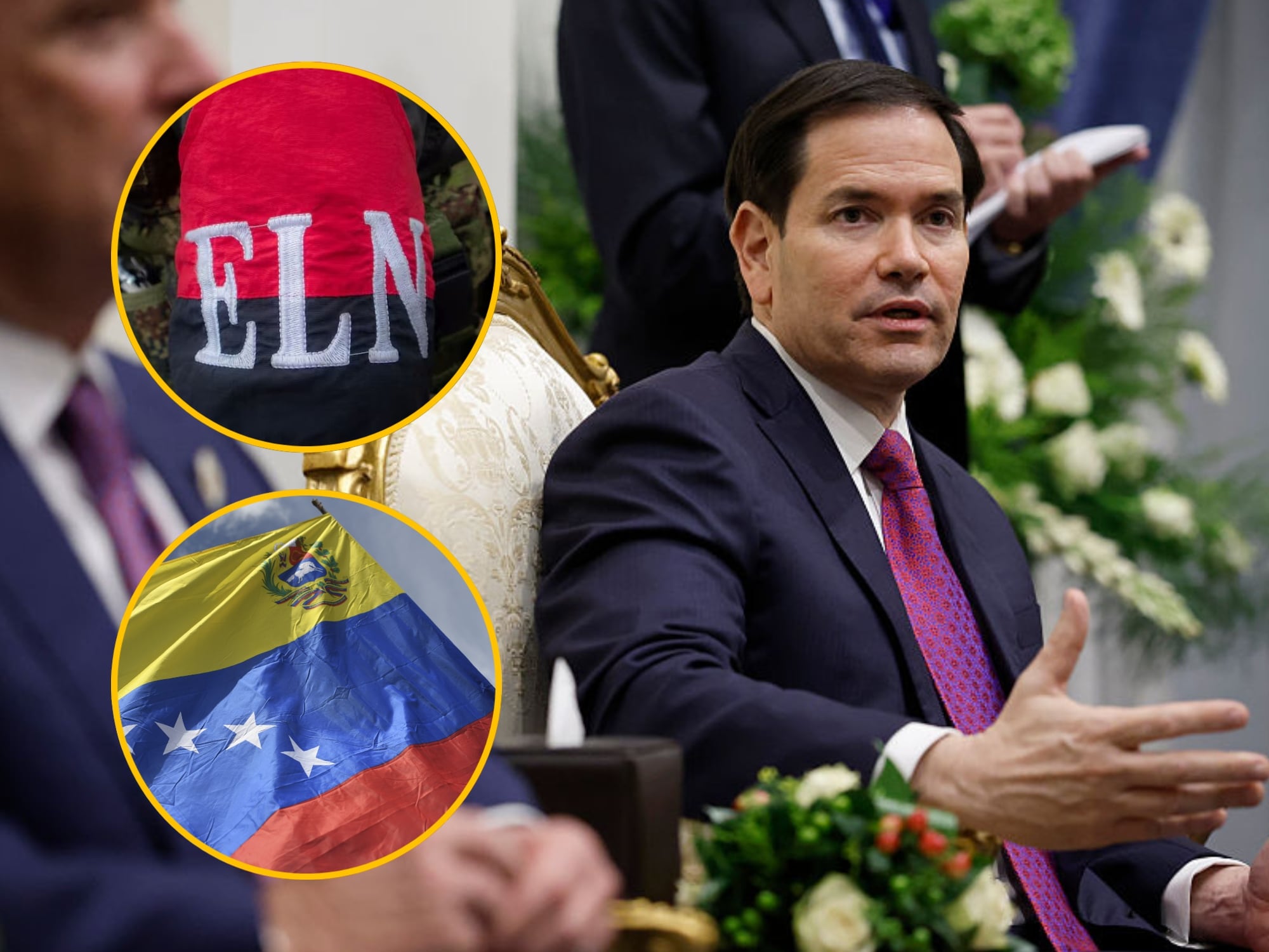 Marco Rubio junto a bandera de Venezuela y logo del ELN. Fotos: Getty Images.