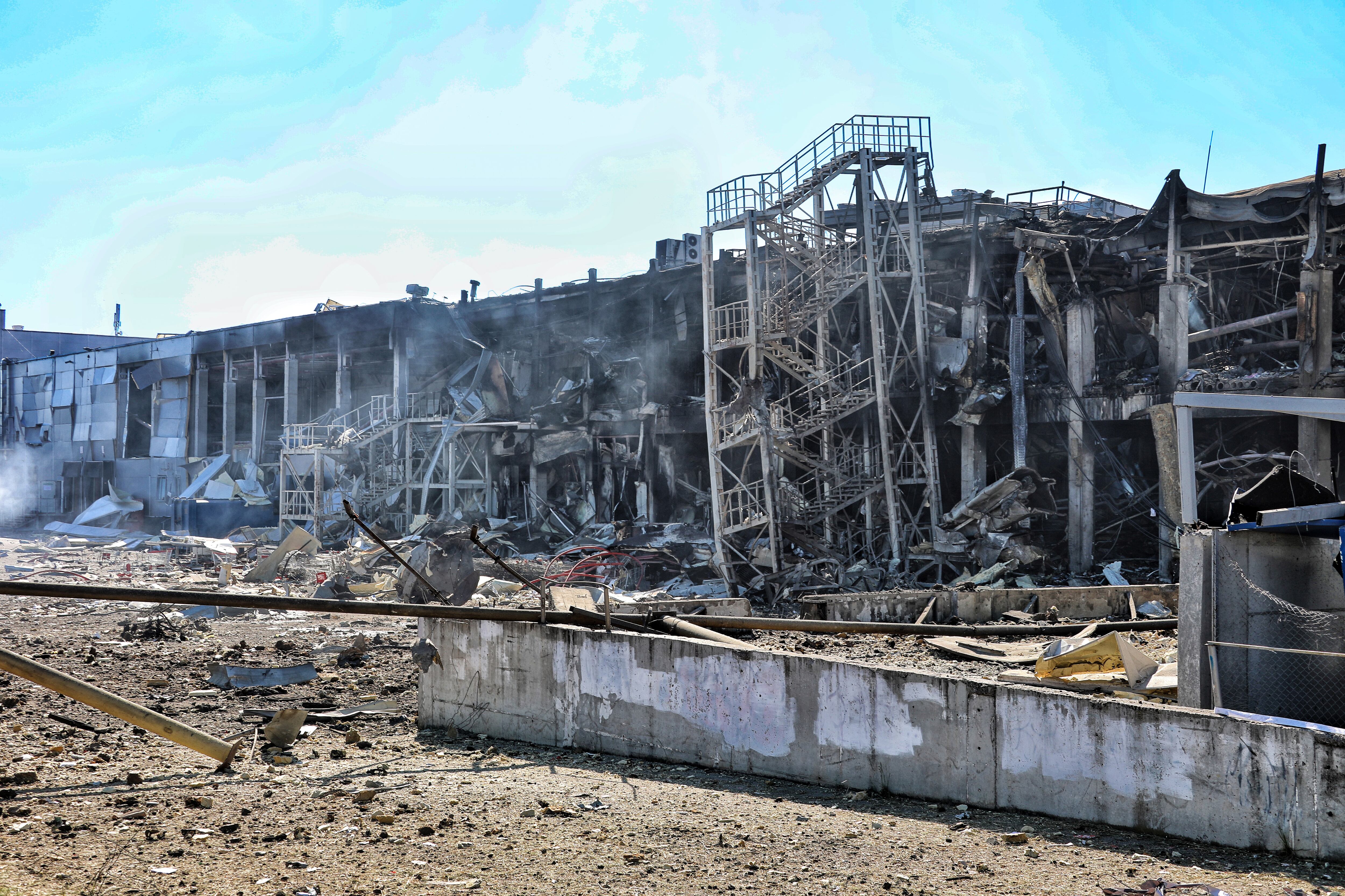 ODESA, UKRAINE - MAY 10, 2022 - A shopping mall is destroyed as a result of rocket strikes launched by Russian troops, Odesa, southern Ukraine. As reported, one person was killed and five more were injured as Russians fired seven missiles on Odesa Monday, May 9. This photo cannot be distributed in the Russian Federation. (Photo credit should read Nina Liashonok/ Ukrinform/Future Publishing via Getty Images)