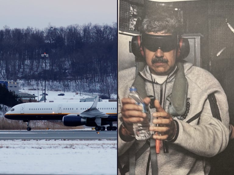Nicolás Maduro en el avión que lo transportó hasta Nueva York tras ser capturado.