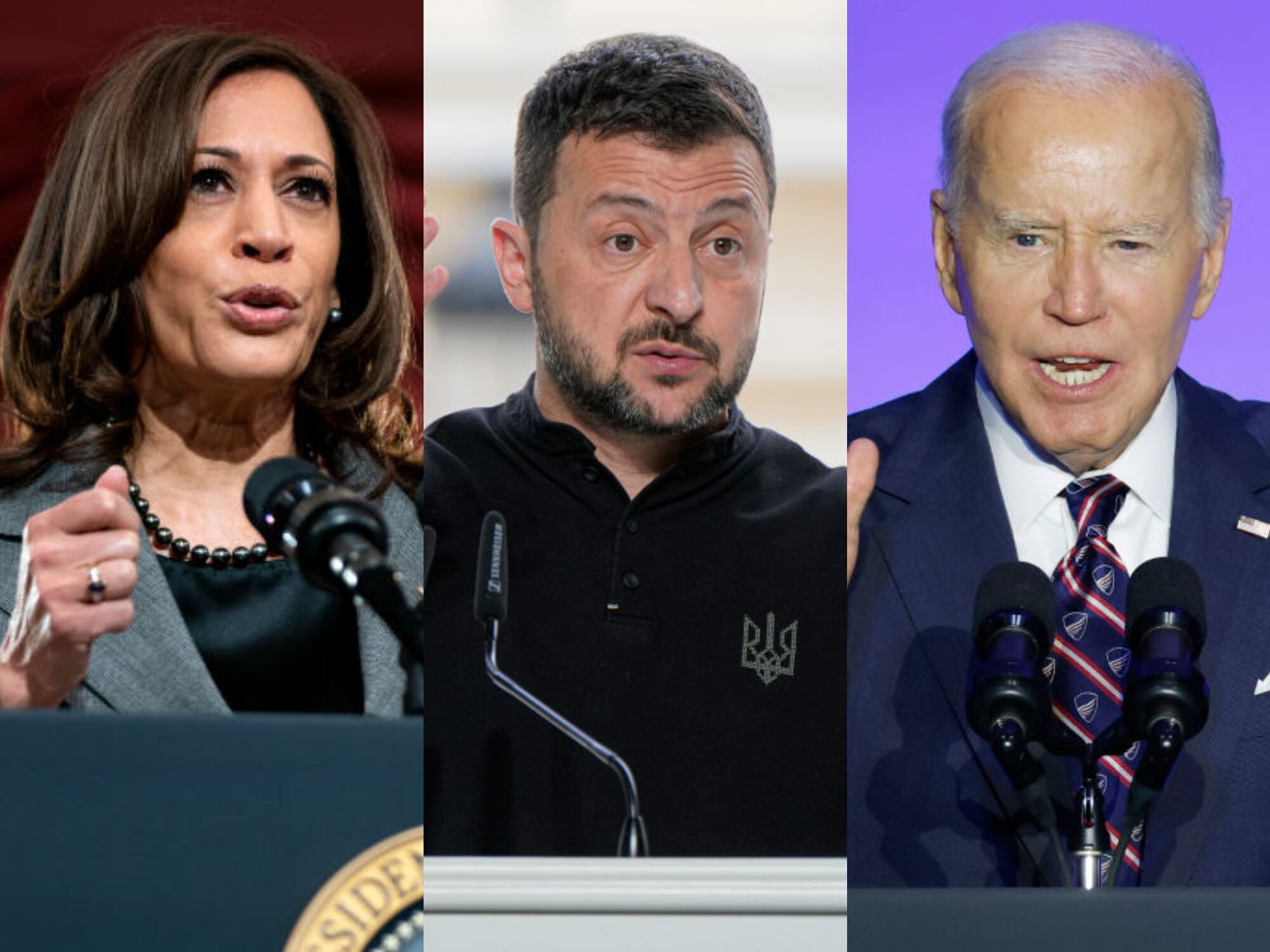 Kamala Harris. Volodymiyr Zelensky y Joe Biden. I Foto: Getty Images.