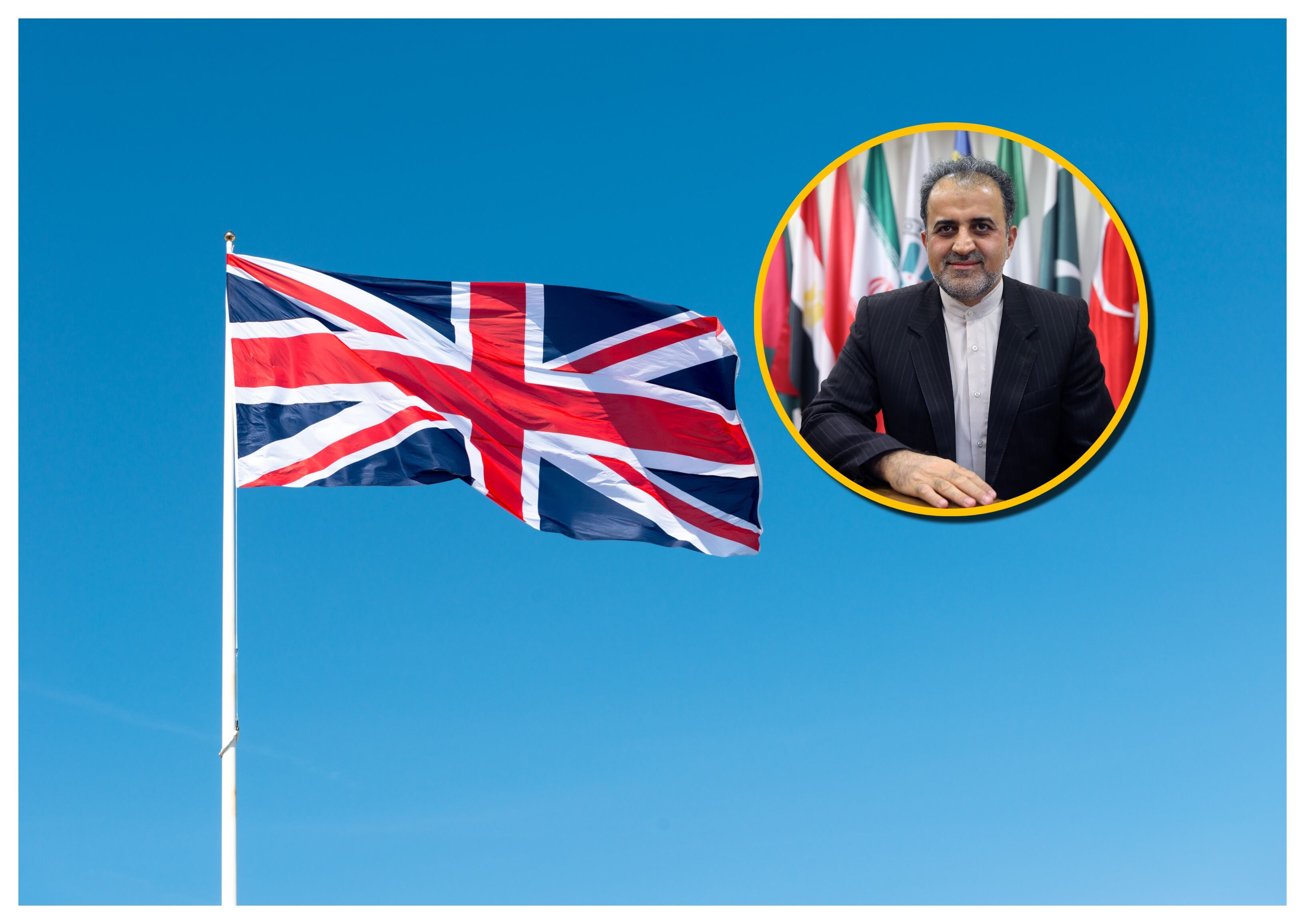 Bandera de Reino Unido y Seyed Ali Mousavi. Foto: Tim Girst Photograpy/ Isa Terli/Anadolu Agency vía Getty Images. 