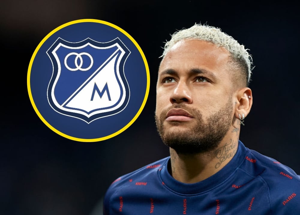 Escudo de Millonarios y Neymar Jr. Foto: X @MillosFCoficial / (Photo by Silvestre Szpylma/Quality Sport Images/Getty Images)