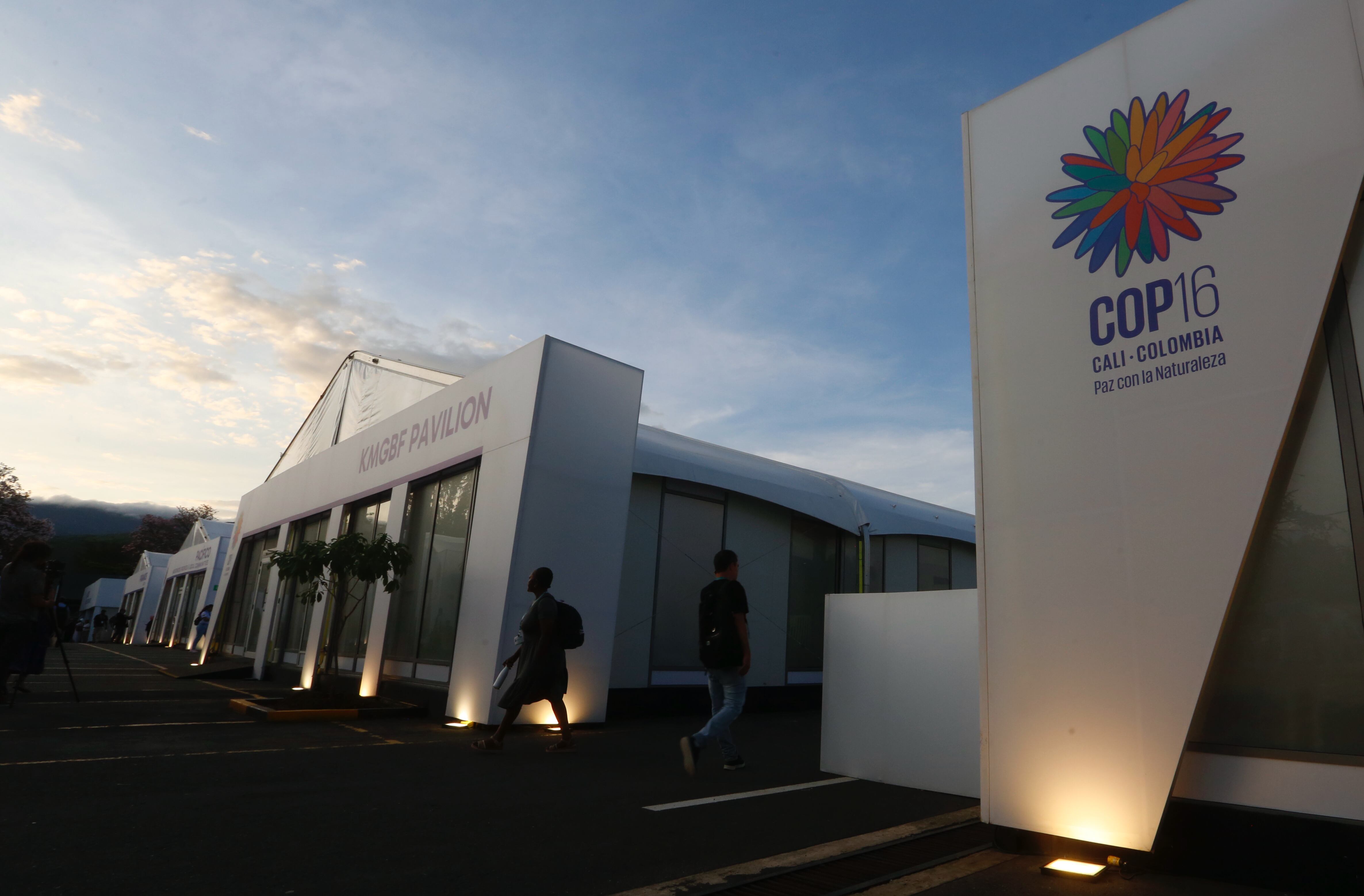 AME1475. CALI (COLOMBIA), 26/10/2024.- Fotografía general de la Zona Azul al atardecer este viernes, en Cali (Colombia). Las negociaciones en el marco de la COP16 en Cali avanzan lentas pero fluyen, según expertos, mientras organizaciones y técnicos piden más compromiso a los países para asegurar un resultado positivo al terminar la cumbre, que retomaran la conversación este lunes cuando arranque el segmento de alto nivel con los ministros de medioambiente de un centenar de países. EFE/ Ernesto Guzmán