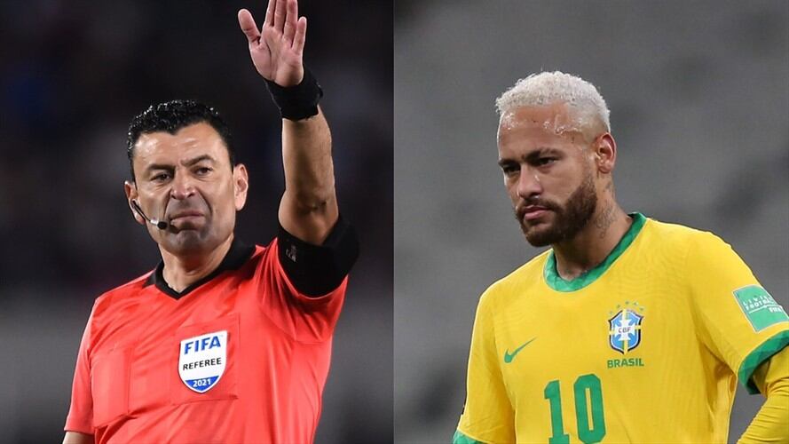 Árbitro chileno Roberto Tobar y jugador brasileño Neymar Jr. Foto: Marcelo Endelli/Getty Images - Alexandre Schneider/Getty Images