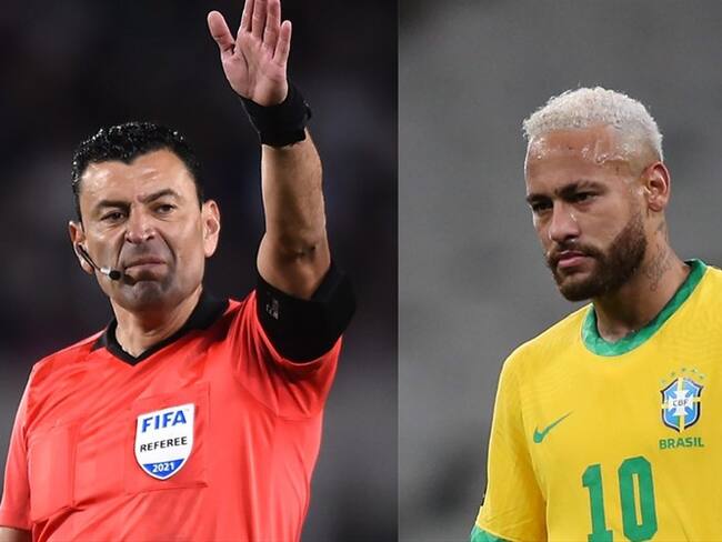 Árbitro chileno Roberto Tobar y jugador brasileño Neymar Jr. Foto: Marcelo Endelli/Getty Images - Alexandre Schneider/Getty Images